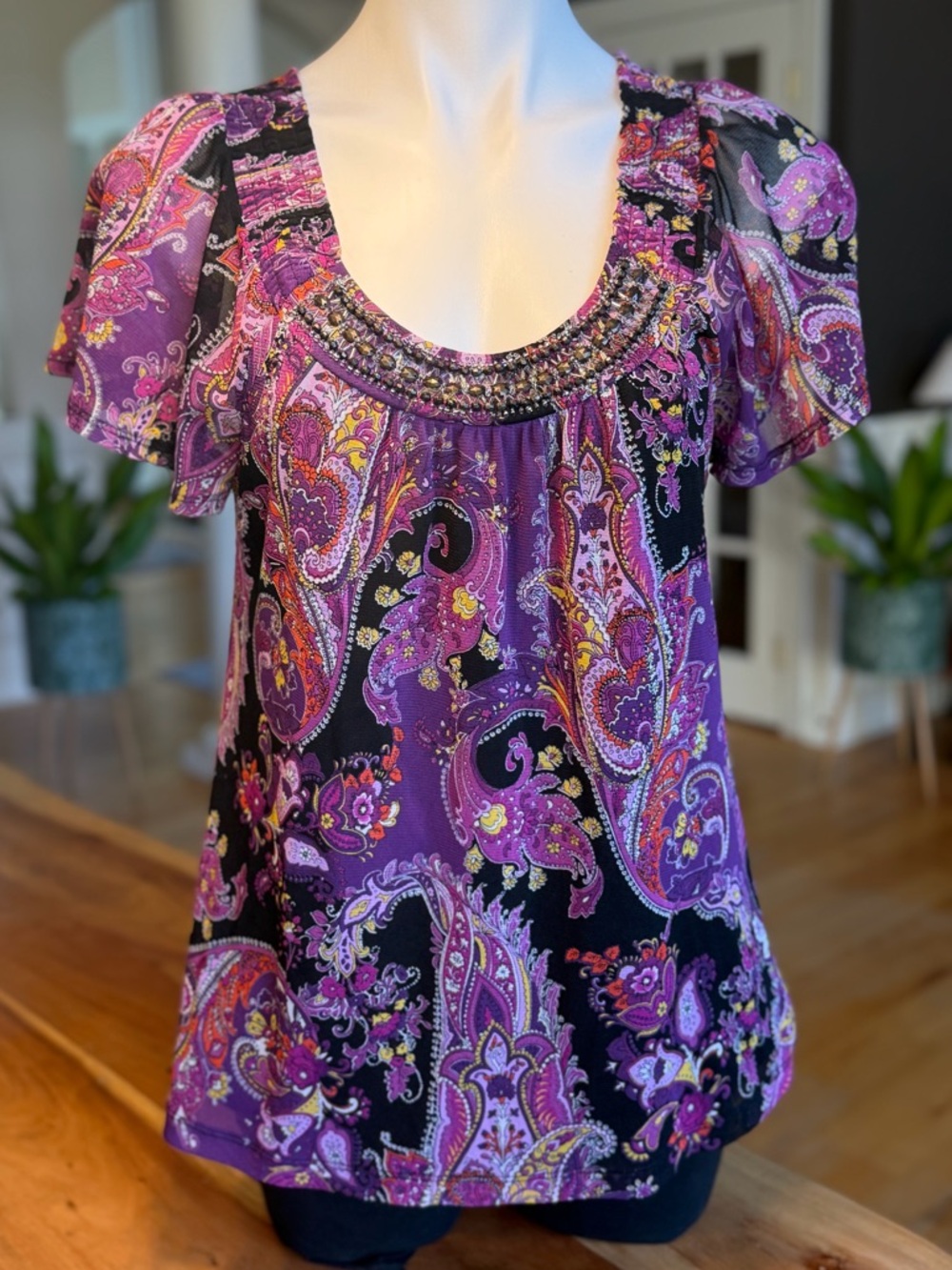 Boho‎ Apt. 9 Paisley Beaded Blouse Purple/Black Petite M (VGUC)